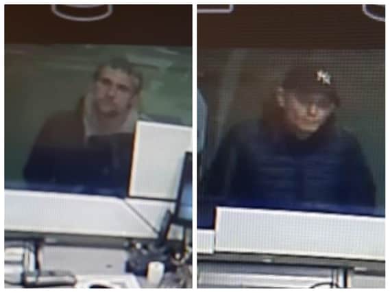 These two men, pictured, are wanted in connection with the fraudulent use of bank cards and the theft of a Mercedes.