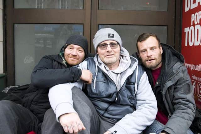 L-R: Kieron Hollingworth, Stan Robertson and Terry Doherty pictured in Abington Street back in 2017. Credit: Kirsty Edmonds.