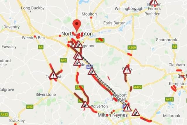 Traffic maps showing long delays on many routes ahead of the 5pm rush hour.