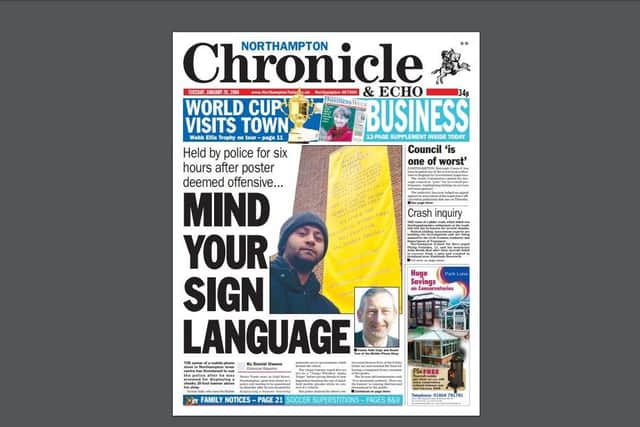 THE owner of a mobile phone shop was arrested for displaying a cheeky 20-foot banner above his shop about new phoning and driving laws - urging people not to be a "Tango Whisky Alpha Tango".
