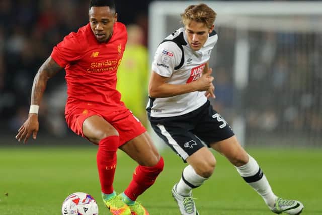 Timi Elsnik in action for Derby against Liverpool in a League Cup tie in 2016
