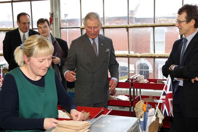 Prince Charles visiting Crockett and Jones shoe factory in Perry Street, Northampton January 22 2013