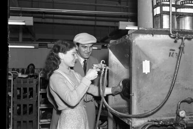 Actor Stanley Baker at Manfield shoe factory, in Wellingborough Road Northampton, November 7, 1957