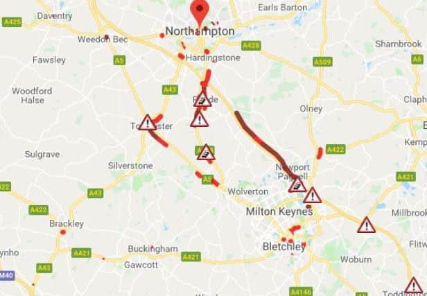 A traffic map shows the far-reaching delays