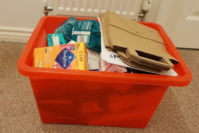 Sanitary towels, black tights and knickers will be included in the boxes for schools. Tampons are allowed for older children who attend colleges.