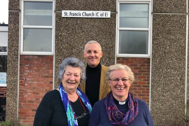 Duston Parish Councillor Sandie Maitland with regional link for Renew Wellbeing Chris Davidson and reverend Mandy Marriott.