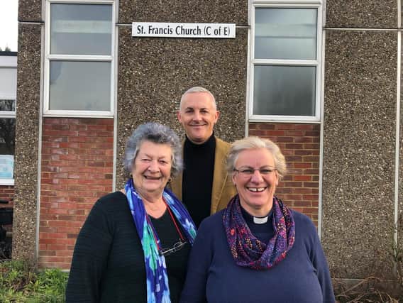 Duston Parish Councillor Sandie Maitland with regional link for Renew Wellbeing Chris Davidson and reverend Mandy Marriott.