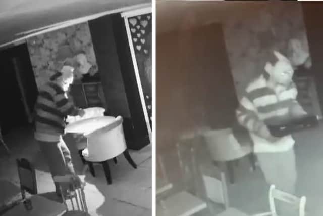 A side-by-side of the images captured on Dapper Sandwich's CCTV cameras in January and February.
