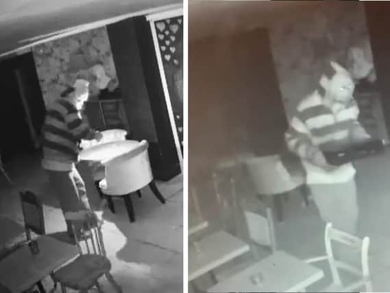 A side-by-side of the images captured on Dapper Sandwich's CCTV cameras in January and February.