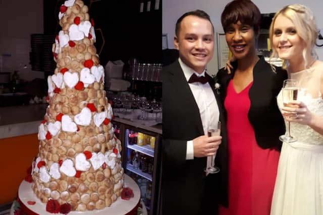 Sheron Burt presided over happy couple Maddie Jones and Alex Sung's wedding in Pizza Express, complete with a dough ball cake