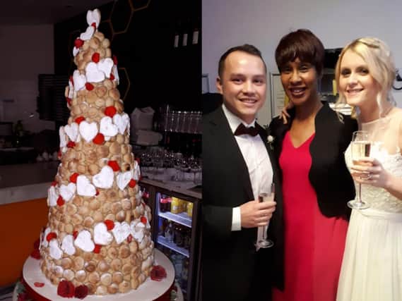 Sheron Burt presided over happy couple Maddie Jones and Alex Sung's wedding in Pizza Express, complete with a dough ball cake