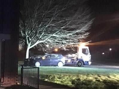 The car pictured after hitting the tree yesterday evening.
