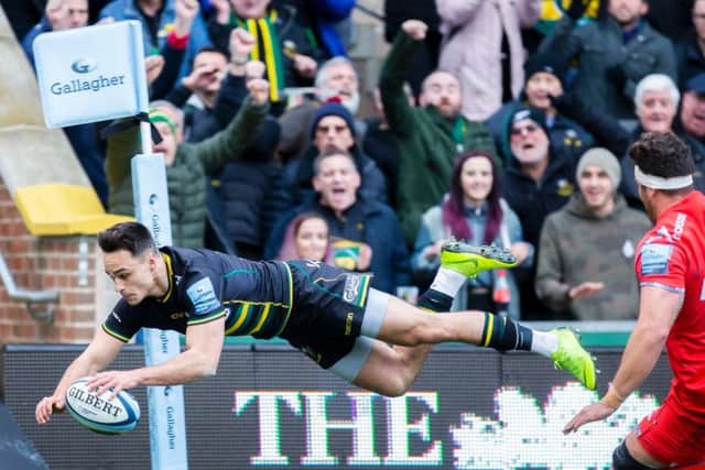 Tom Collins scored twice for Saints on a memorable afternoon at Franklin's Gardens (pictures: Kirsty Edmonds)