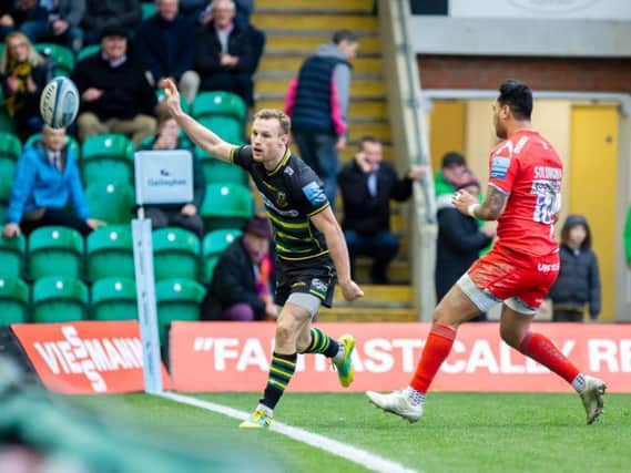 Rory Hutchinson scored for Saints and celebrated by throwing the ball into the crowd in delight (pictures: Kirsty Edmonds)