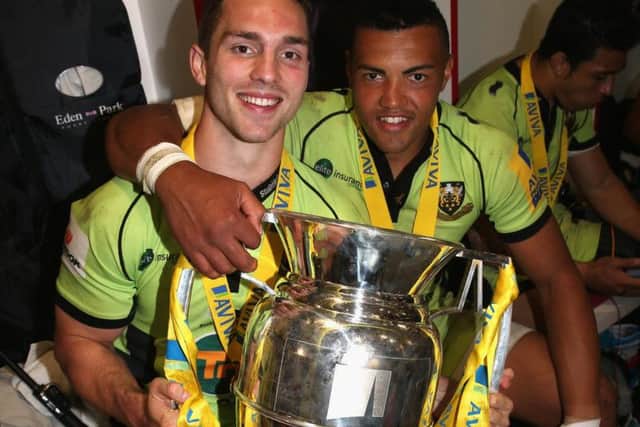 George North and Burrell with the Premiership trophy