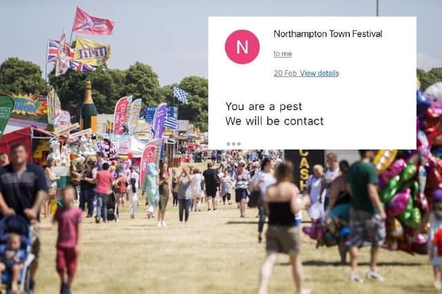 An organiser from Northampton Town Festival has been criticised for a string of 'rude, bizarre' emails to a band.