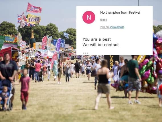 An organiser from Northampton Town Festival has been criticised for a string of 'rude, bizarre' emails to a band.