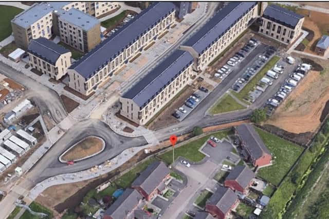 An aerial photo showing the distance between Malt House Close and the student halls.