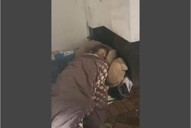 Kristian Olstein asleep in a doorway in Northampton