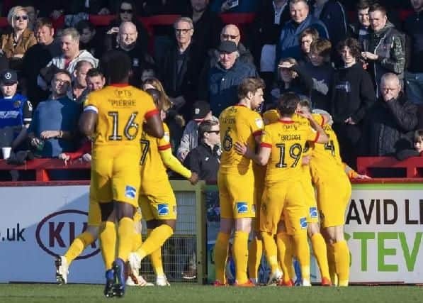 Cobblers celebrate Joe Powell's opener at Stevenage last week