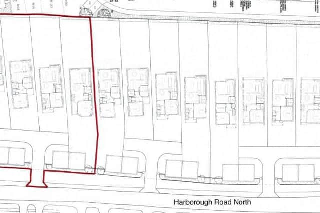 The 14 homes would be served by three access points onto the Harborough Road.