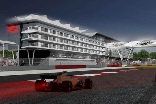 An artist's impression of how the new trackside Hilton Hotel will look at Silverstone
