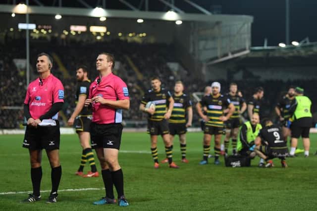 Ian Tempest (second official from the left) will take charge of the Premiership Rugby Cup final at Franklin's Gardens on Sunday