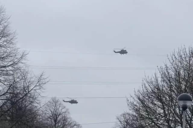 Military helicopters were seen swooping over Northampton yesterday before landing near Barnes Meadow.