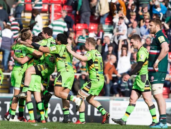 Saints celebrated a long-awaited win at Welford Road last April (picture: Kirsty Edmonds)