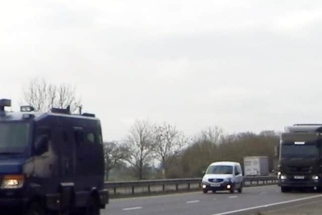 A nuclear convoy was spotted heading through the Northamptonshire area on Tuesday. Picture shows one of the warhead-carrying lorries near the Milton interchange roundabout, Didcot. Photo courtesy of Nukewatch.