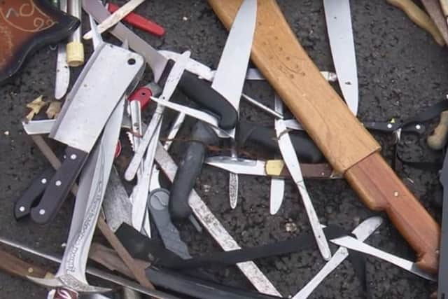 The haul includes machetes, kitchen knives and samurai swords.