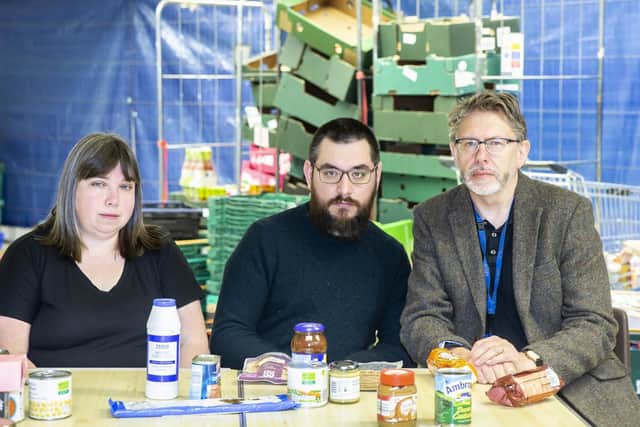 From l-r: Weston Favell Centre Food Bank manager Jo Alderman, rector of Emmanuel Church Haydon Spencely and CEO of Northampton Hope Centre Robin Burgess pictured appealing for food donations for their services to feed some of the town's poorest residents.