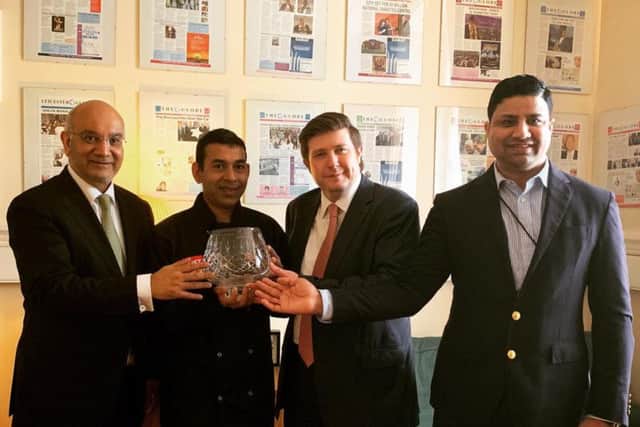 From left: Keith Vaz, Abdul Hye, Andrew Lewer and Naz Islam celebrate the return of the coveted Tiffin Cup at Saffron.