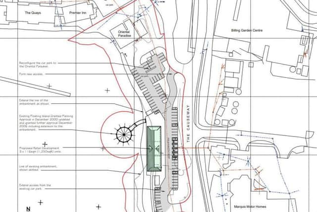 The site plan shows a bridge extending out to the existing floating island