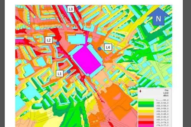 A noise contour plot for Franklin's Gardens L1 is Standside, L2 is Town Corner, L3 is Elgin Street, L4 is Melbourne Road