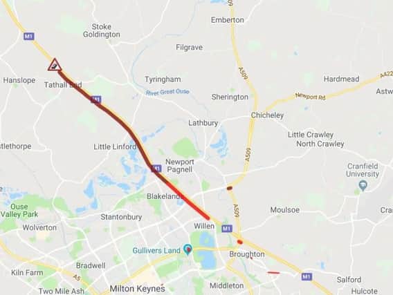 The M1 northbound is congested between Newport Pagnell Services and junction 15