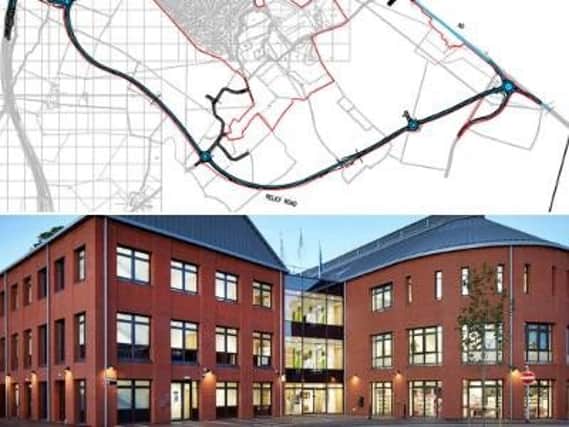 The Towcester relief road (top) was discussed by councillors at The Forum in Towcester (bottom)