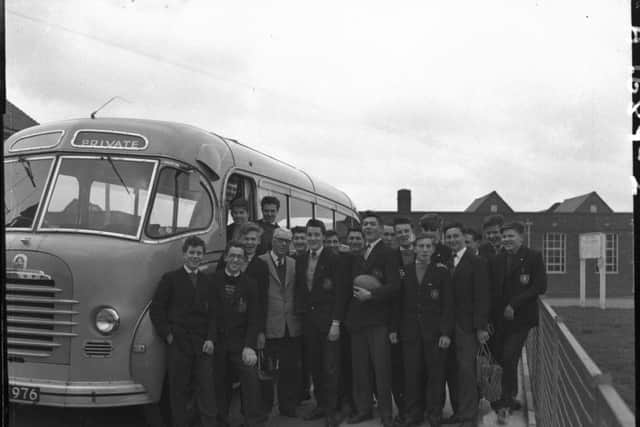 All smiles, Bective Secondary Modern School, Northampton, boys off on a rugby tour, March 28, 1960
