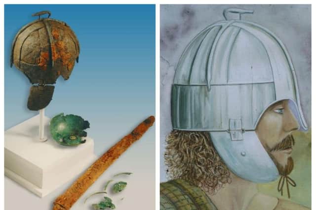 The items uncovered at the burial site alongside an artist's impression of the 'Wollaston warrior' (Picture: MOLA)