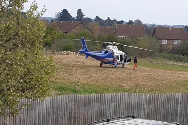 The air ambulance landed just off Timken Way South