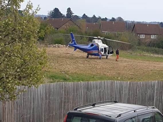 The air ambulance landed just off Timken Way South