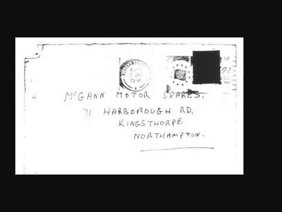 A photocopy of the envelope the letter was sent in