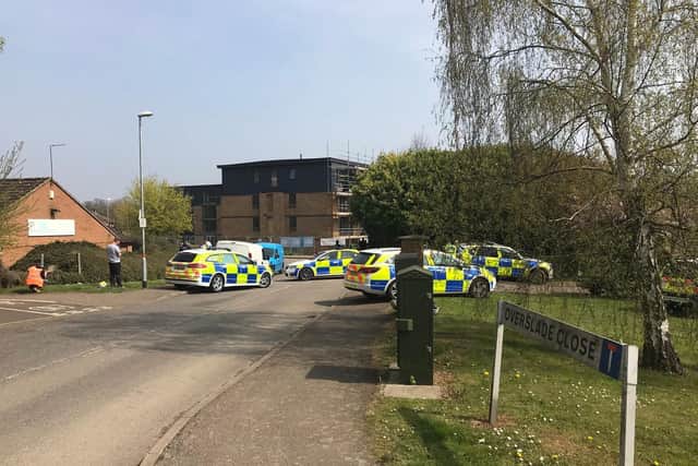 A large police presence in Overslade Close, East Hunsbury. Photo via @pixearl