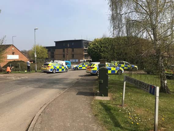 A large police presence in Overslade Close, East Hunsbury. Photo via @pixearl
