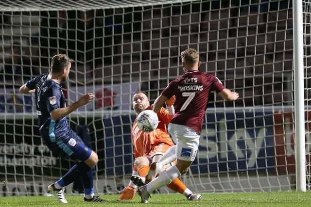 Sam Hoskins goes closing during Northampton's 0-0 draw with Bury earlier in the season. Pictures: Pete Norton
