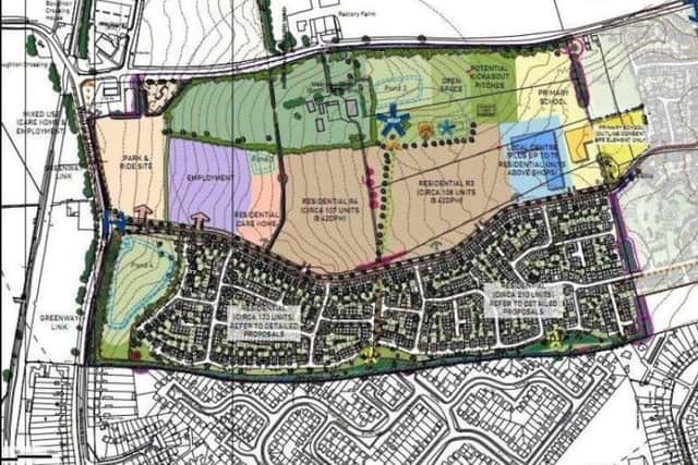 The masterplan for Buckton Fields, with land allocated for a primary school marked in yellow at the far right