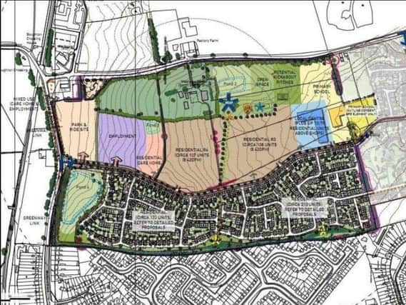 The masterplan for Buckton Fields, with land allocated for a primary school marked in yellow at the far right