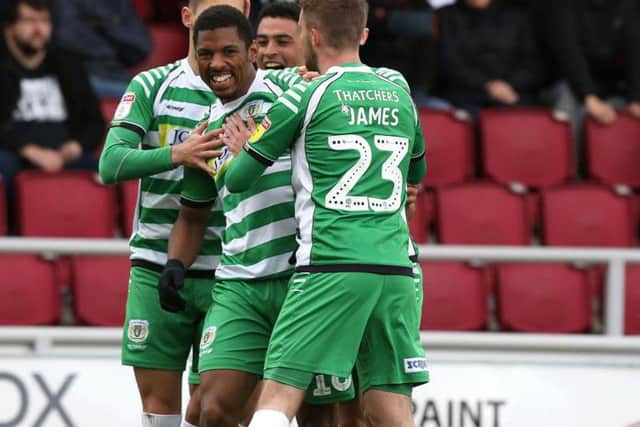Yeovil's players celebrate after their opening goal