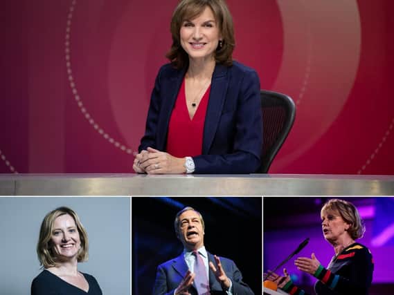 Fiona Bruce will host Question Time from Northampton today, with guests including Amber Rudd, Nigel Farage and Anna Soubry