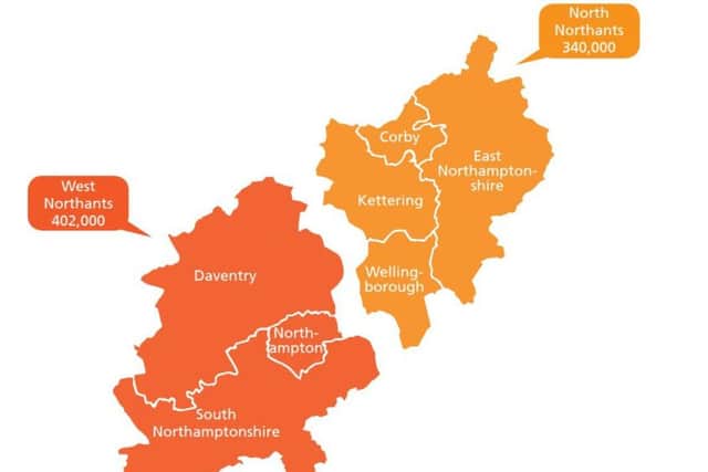 Proposed unitary authority boundaries for Northamptonshire